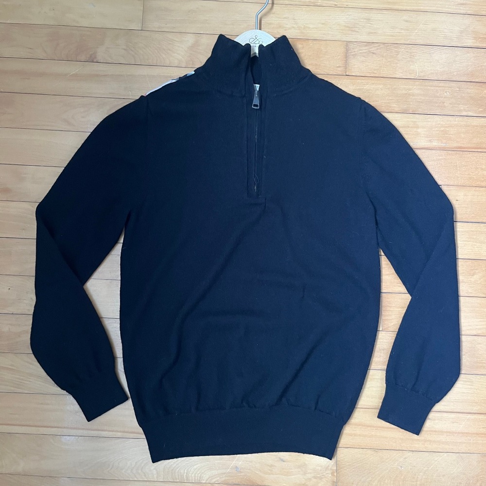 Burberry Brit Mens Black Quarter Zip Nova Check Shoulder Sweater Size L